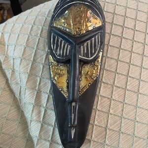 African Tribal Mask Vtg Ghana? Hand Carved Wood & Metal Roughly 12”